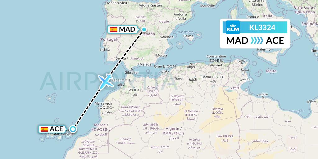 KL3324 KLM Flight Map: Madrid to Lanzarote