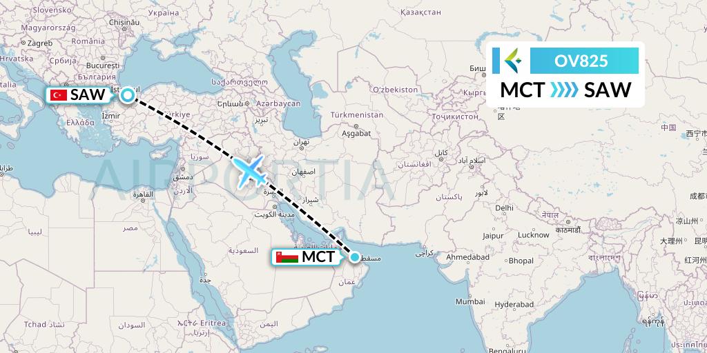 OV825 SalamAir Flight Map: Muscat to Istanbul