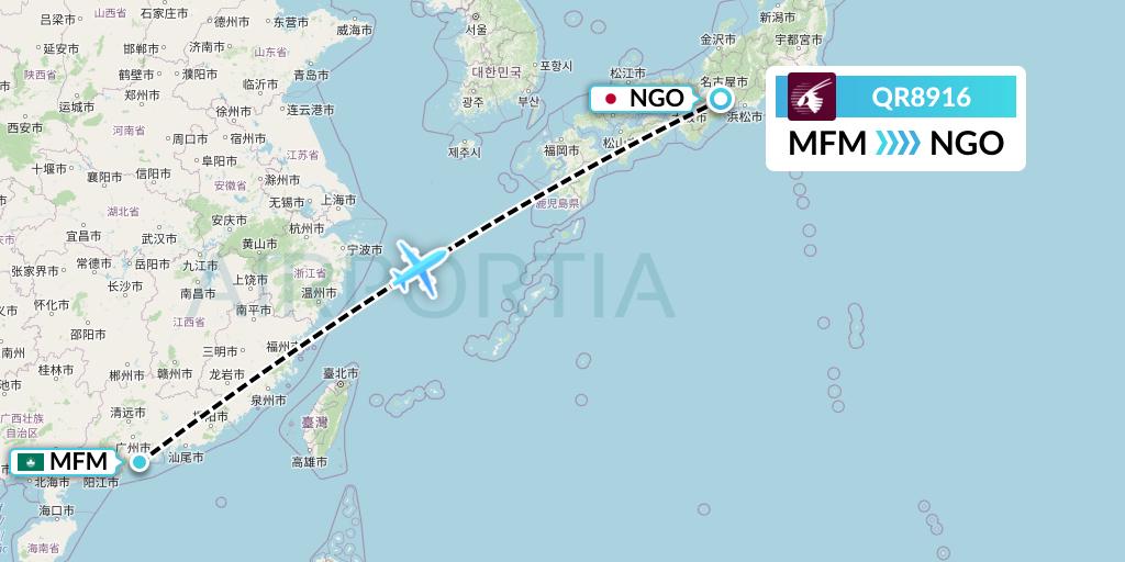 QR8916 Qatar Airways Flight Map: Macau to Nagoya
