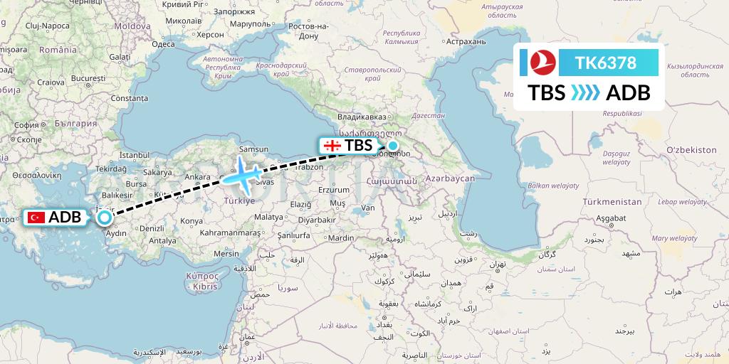 TK6378 Turkish Airlines Flight Map: Tbilisi to Izmir