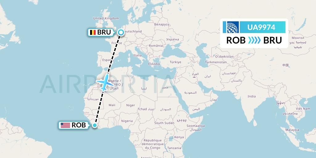 UA9974 United Airlines Flight Map: Monrovia to Brussels