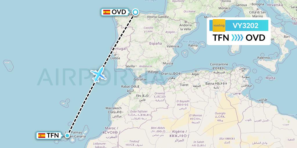 VY3202 Vueling Flight Map: Tenerife to Asturias