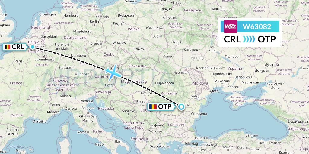 W63082 Wizz Air Flight Map: Brussels to Bucharest