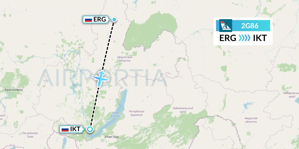 2G86 Angara Airlines Flight Map: Erbogachen to Irkutsk