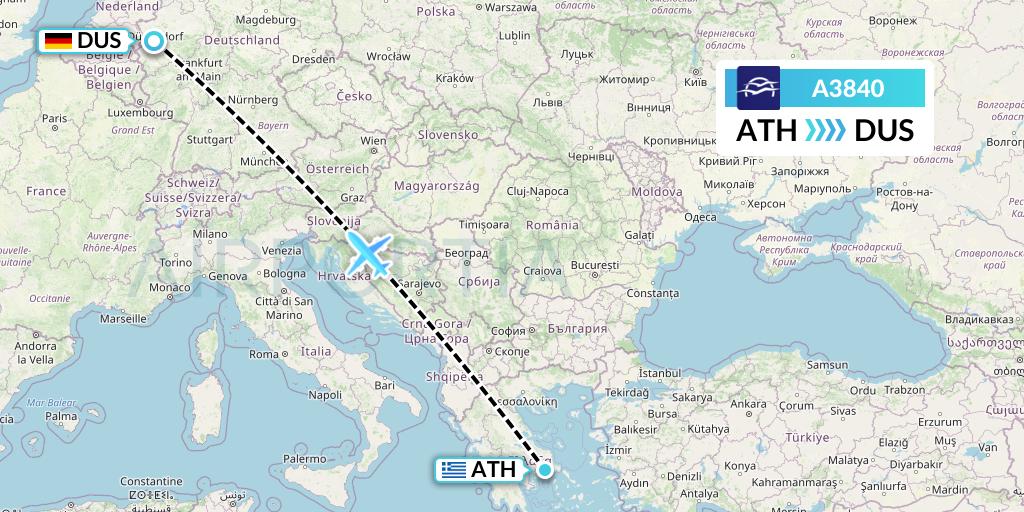 A3840 Aegean Airlines Flight Map: Athens to Dusseldorf