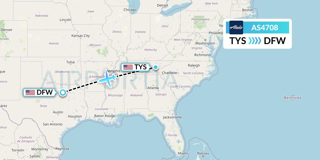 AS4708 Alaska Airlines Flight Map: Knoxville to Dallas