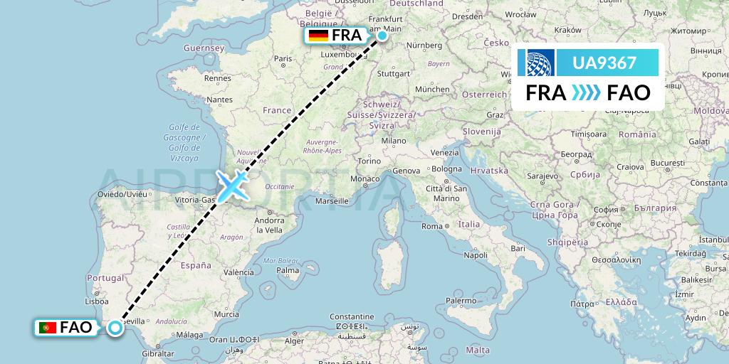 UA9367 United Airlines Flight Map: Frankfurt to Faro