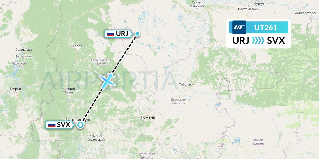 UT261 UTair Flight Map: Uray to Yekaterinburg