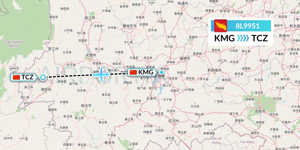 8L9951 Lucky Air Flight Map: Kunming to Tengchong
