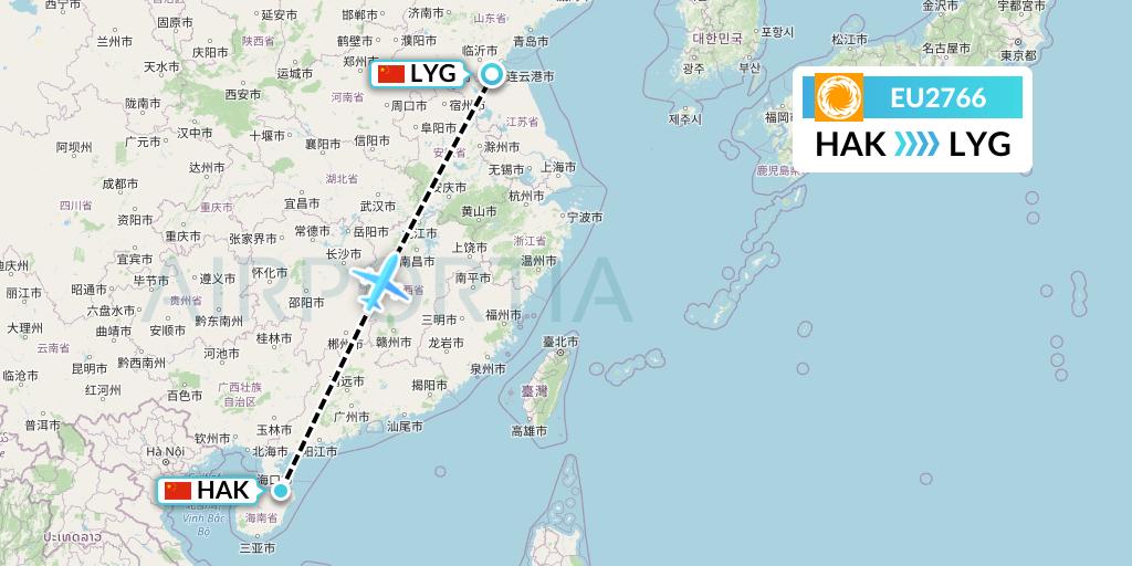 EU2766 Chengdu Airlines Flight Map: Haikou to Lianyungang