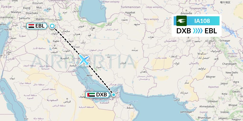 IA108 Iraqi Airways Flight Map: Dubai to Arbil