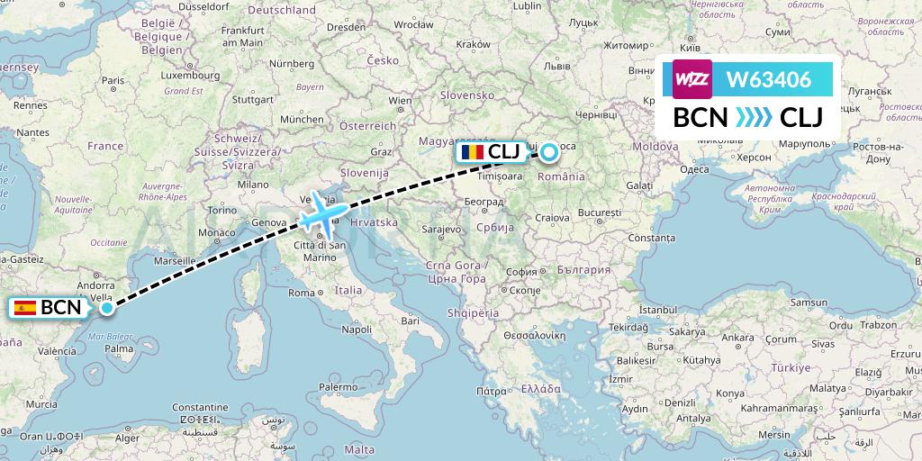 W63406 Wizz Air Flight Map: Barcelona to Cluj-Napoca