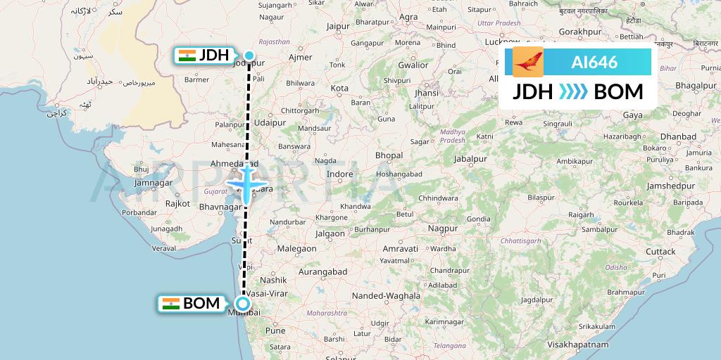 AI646 Air India Flight Map: Jodhpur to Mumbai