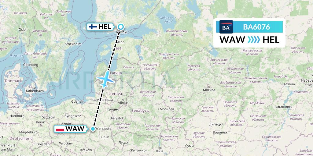 BA6076 British Airways Flight Map: Warsaw to Helsinki