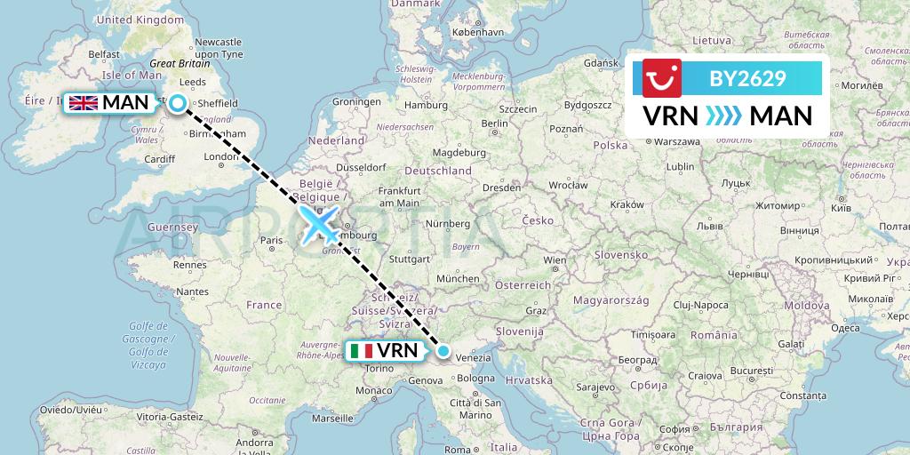 BY2629 TUI Airways Flight Map: Verona to Manchester