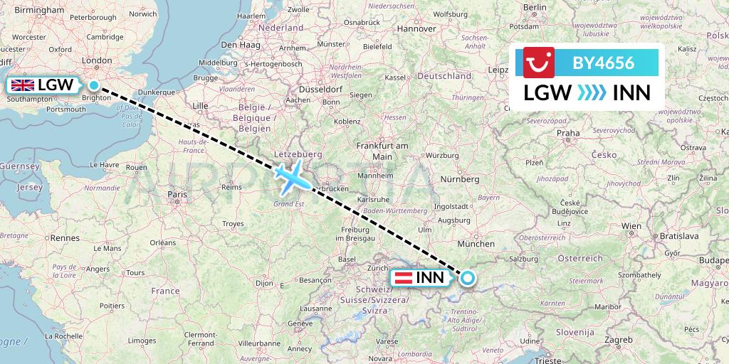 BY4656 TUI Airways Flight Map: London to Innsbruck