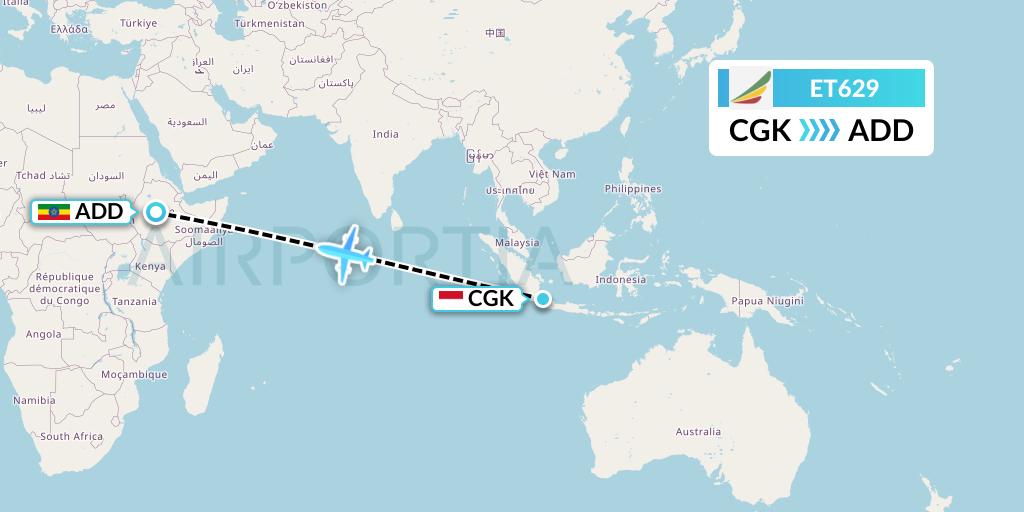 ET629 Ethiopian Airlines Flight Map: Jakarta to Addis Ababa
