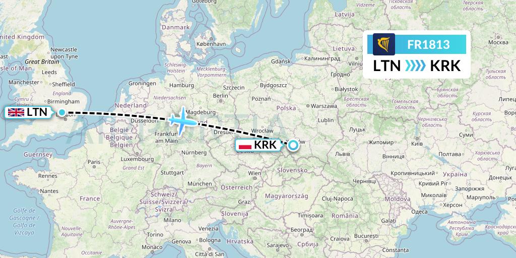 FR1813 Ryanair Flight Map: London to Krakow