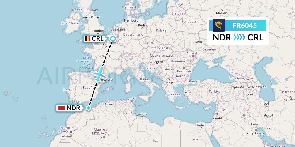 FR6045 Ryanair Flight Map: Nador to Brussels