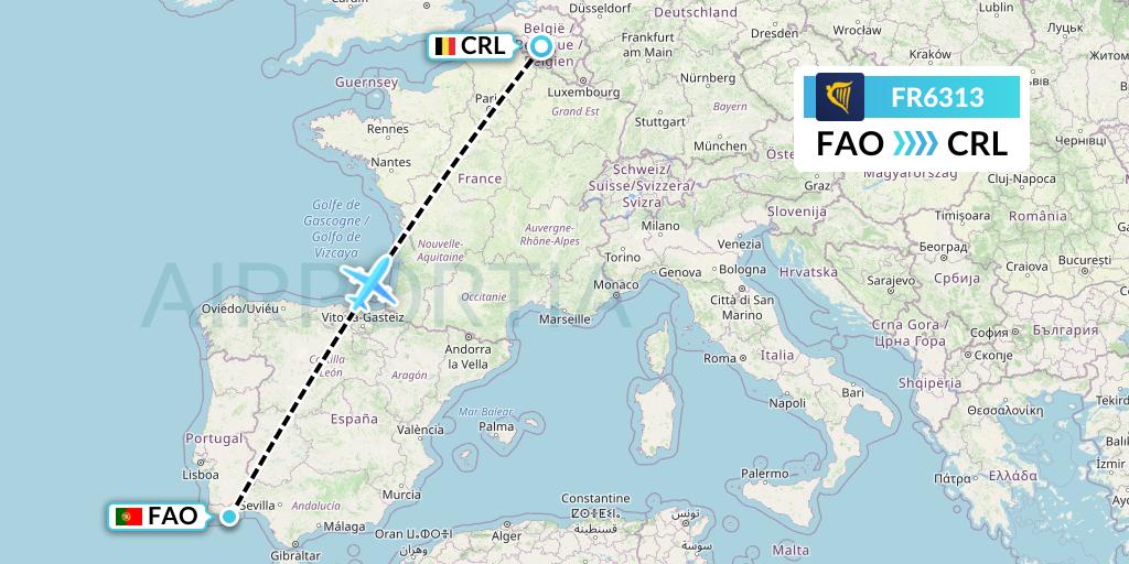 FR6313 Ryanair Flight Map: Faro to Brussels