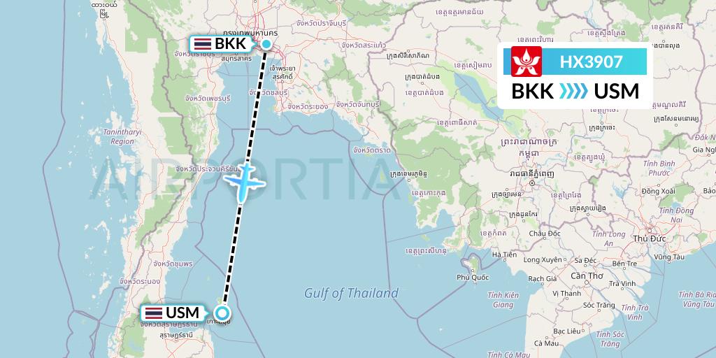 HX3907 Hong Kong Airlines Flight Map: Bangkok to Koh Samui
