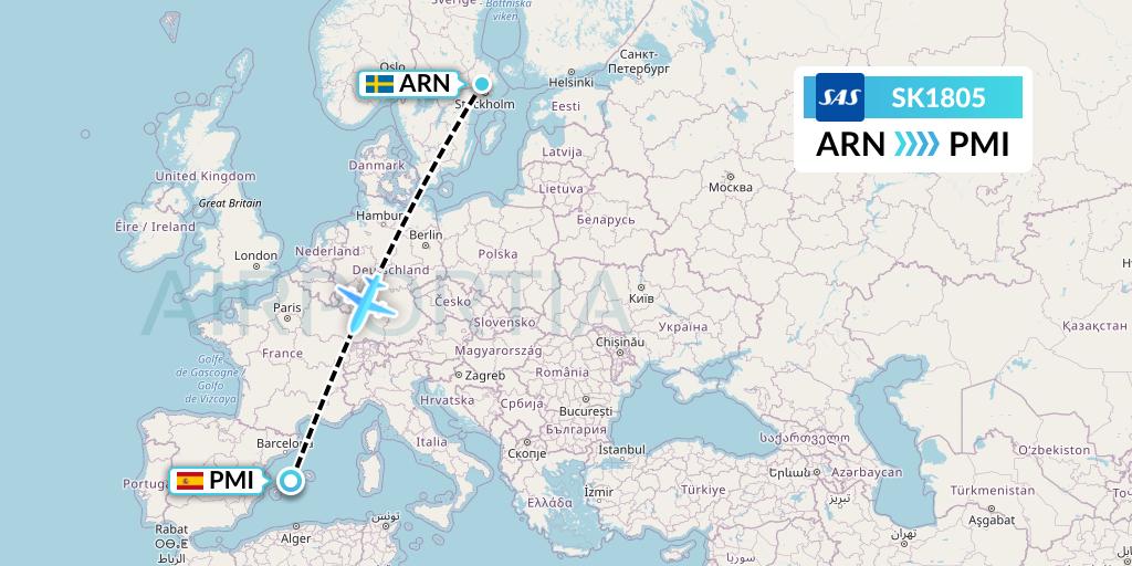 SK1805 SAS Flight Map: Stockholm to Palma de Mallorca