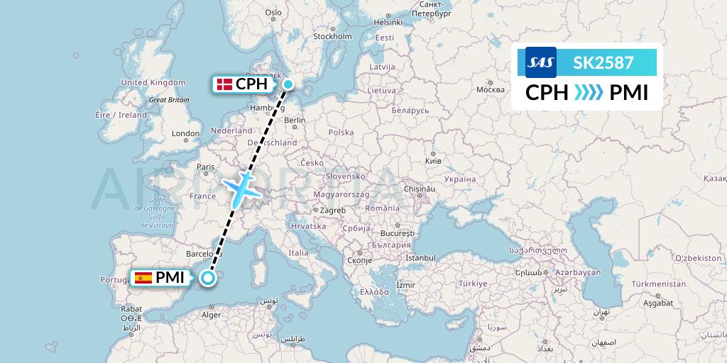 SK2587 SAS Flight Map: Copenhagen to Palma de Mallorca