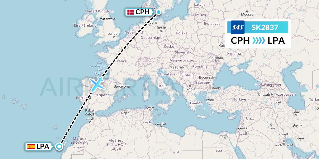 SK2837 SAS Flight Map: Copenhagen to Las Palmas