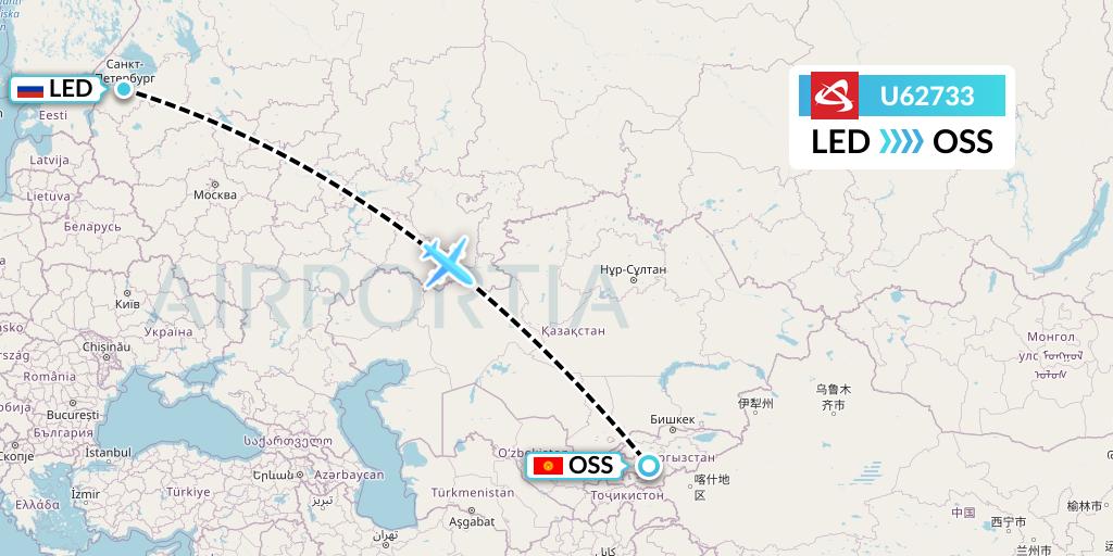 U62733 Ural Airlines Flight Map: St. Petersburg to Osh