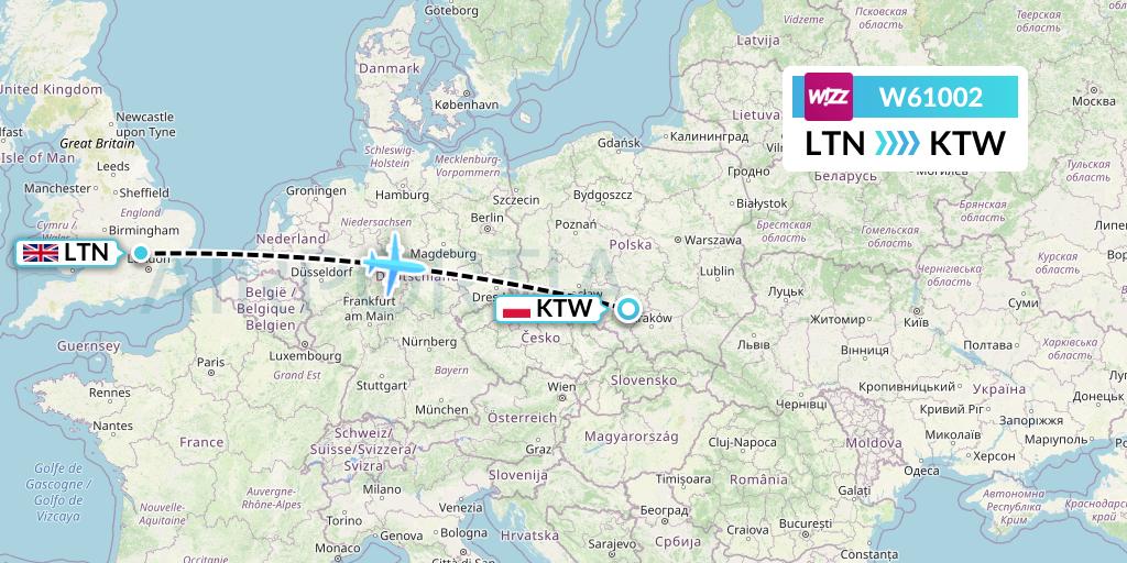 W61002 Wizz Air Flight Map: London to Katowice