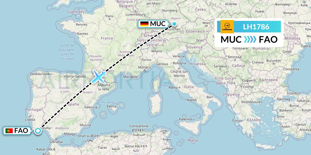 LH1786 Lufthansa Flight Map: Munich to Faro