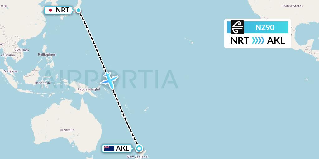 NZ90 Air New Zealand Flight Map: Tokyo to Auckland