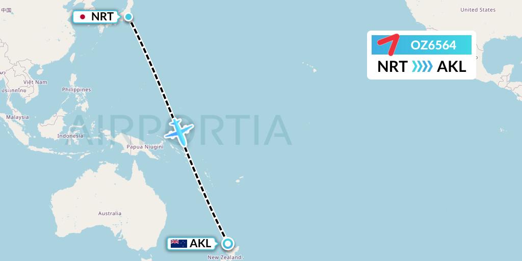 OZ6564 Asiana Airlines Flight Map: Tokyo to Auckland