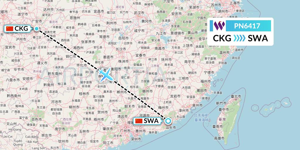 PN6417 China West Air Flight Map: Chongqing to Jieyang