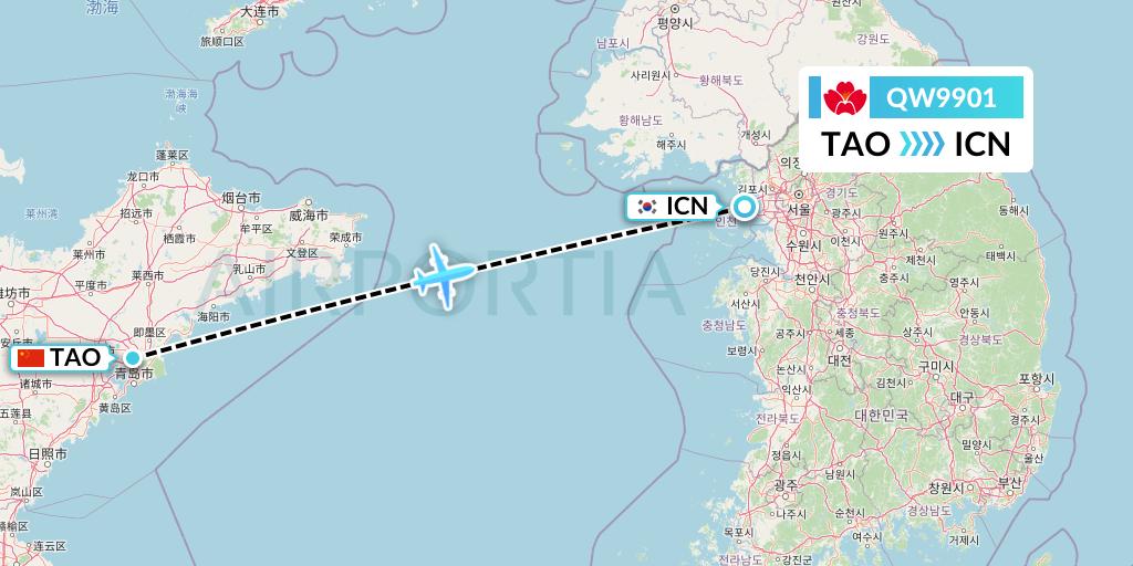 QW9901 Qingdao Airlines Flight Map: Qingdao to Seoul