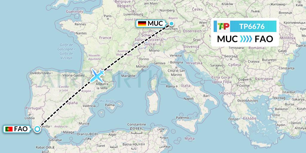 TP6676 TAP Portugal Flight Map: Munich to Faro