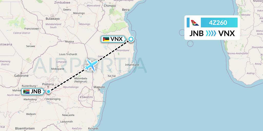 4Z260 Airlink Flight Map: Johannesburg to Vilankulo