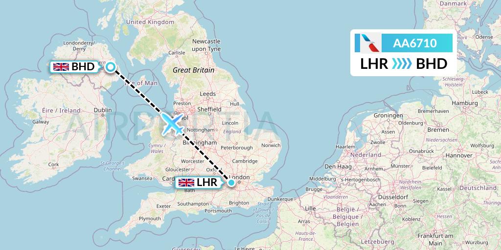 AA6710 American Airlines Flight Map: London to Belfast