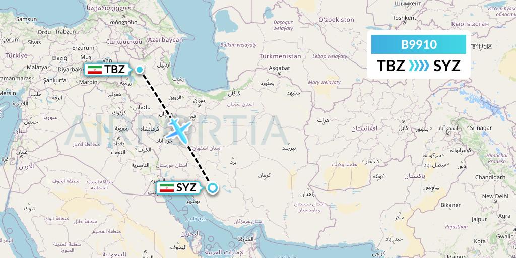B9910 Iran Air Tours Flight Map: Tabriz to Shiraz