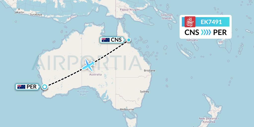 EK7491 Emirates Flight Map: Cairns to Perth