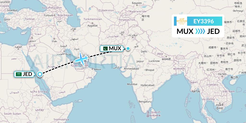 EY3396 Etihad Airways Flight Map: Multan to Jeddah