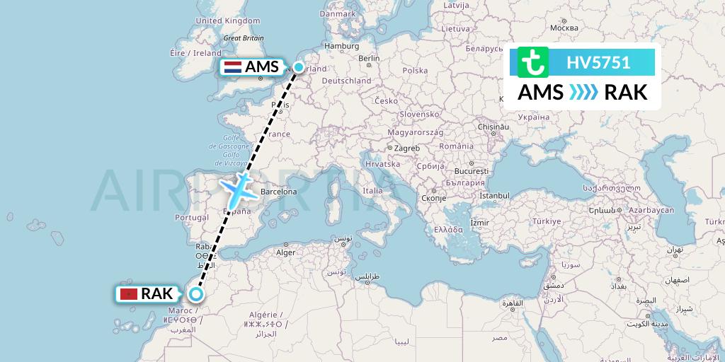 HV5751 Transavia Flight Map: Amsterdam to Marrakesh