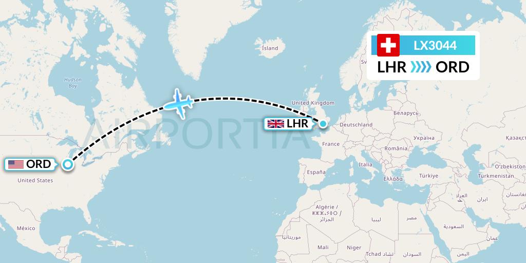 LX3044 Swiss Flight Map: London to Chicago