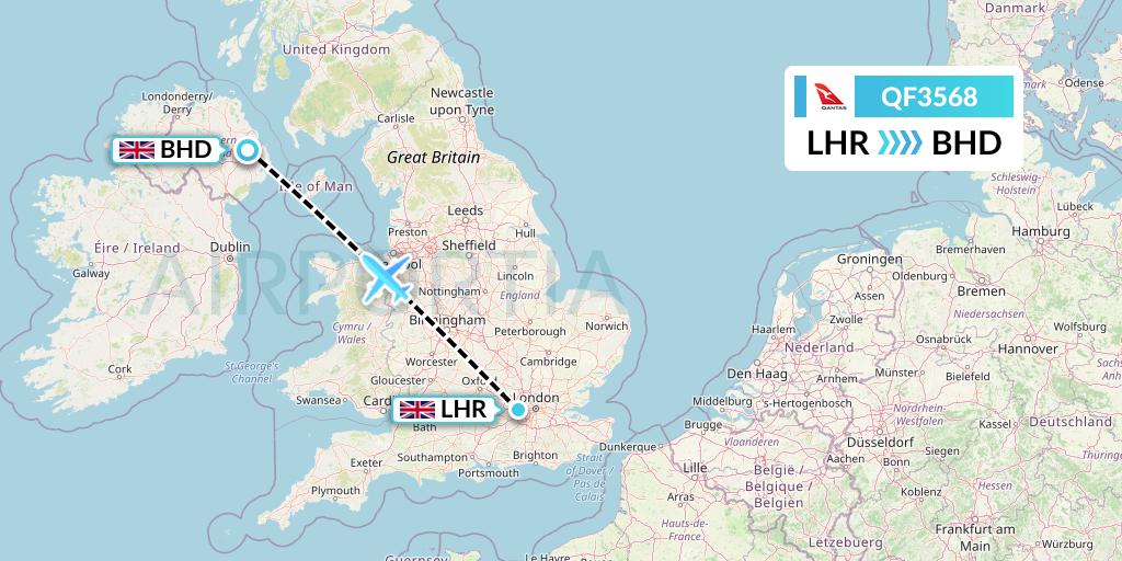 QF3568 Qantas Flight Map: London to Belfast