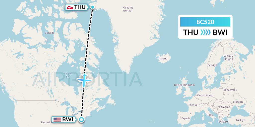 8C520 Air Transport International Flight Map: Pituffik to Baltimore