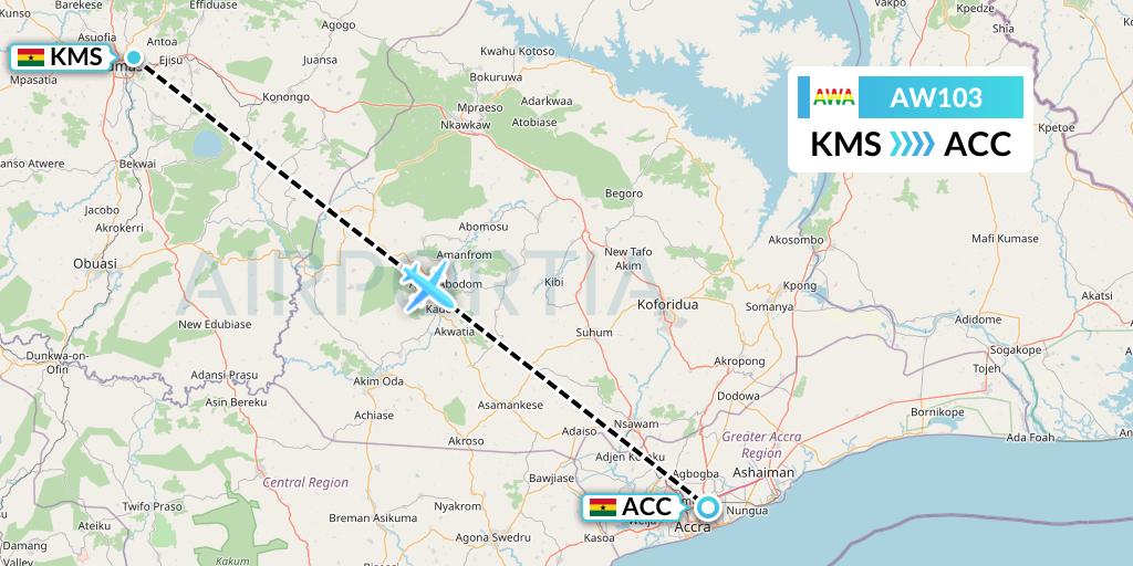 AW103 Africa World Airlines Flight Map: Kumasi to Accra