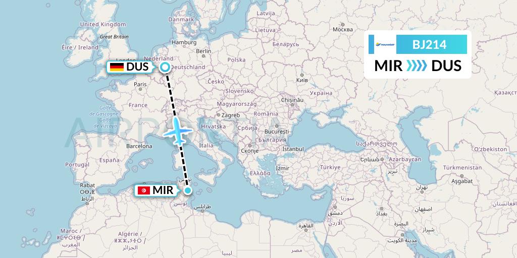 BJ214 Nouvelair Tunisie Flight Map: Monastir to Dusseldorf
