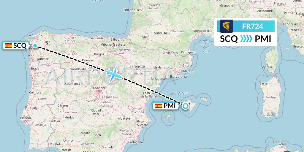 FR724 Ryanair Flight Map: Santiago to Palma de Mallorca