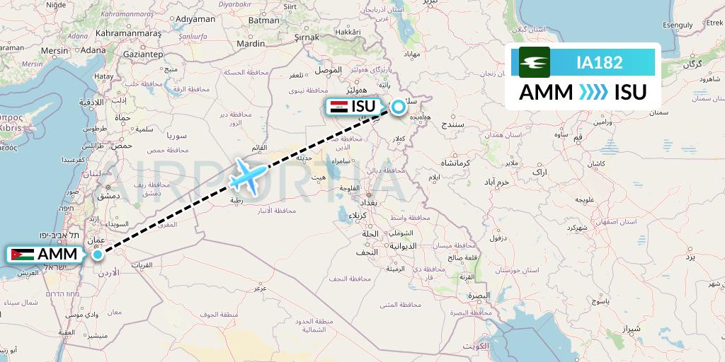IA182 Iraqi Airways Flight Map: Amman to Sulaimaniyah