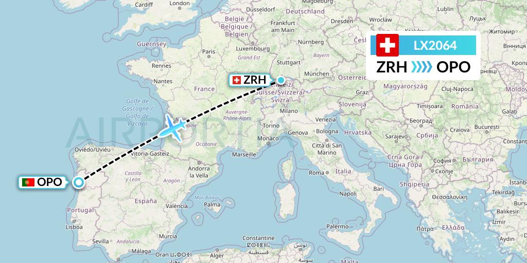 LX2064 Swiss Flight Map: Zurich to Porto